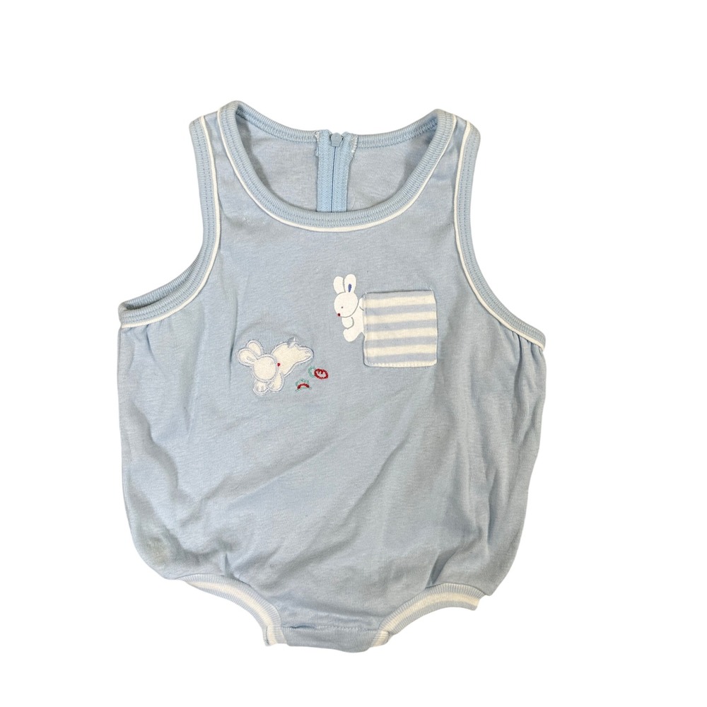 Vintage Absorba Baby Romper 6M Light Blue Bunny Rabbit Sunsuit Made in USA NWT
